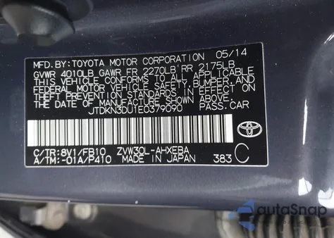 2014 Toyota Prius Two from USA, damaged, VIN JTDKN3DU1E0379090
